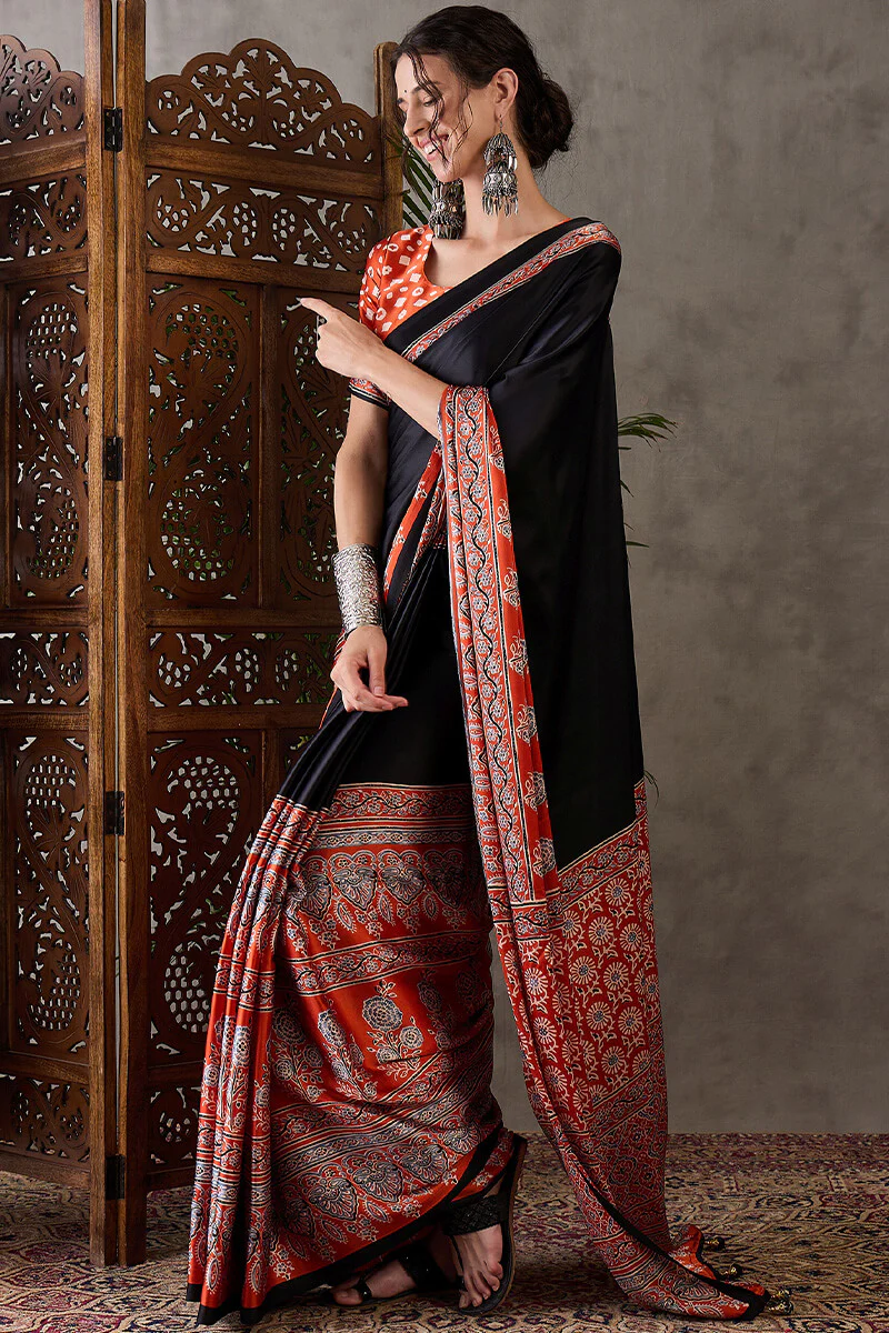 Enticing Black Ajrakh Printed Semi Modal Silk Saree With Winsome Blouse Piece - Image 6