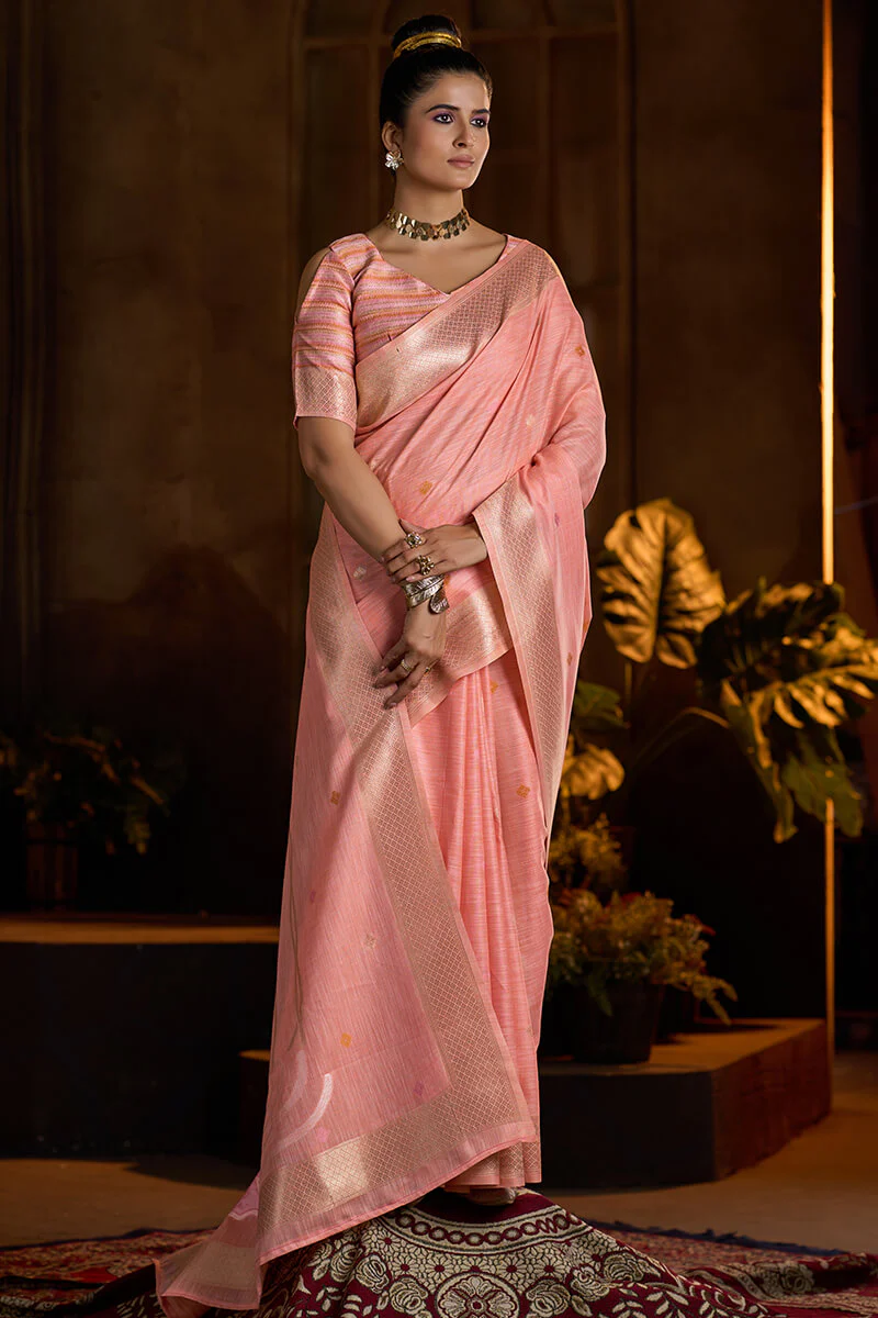 Enticing Peach Cotton Silk Saree With Chatoyant Blouse Piece - Image 5