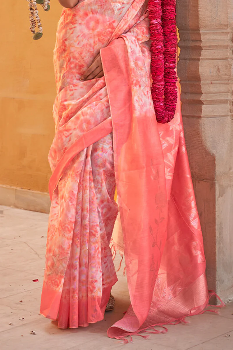Enticing Peach Digital Printed Cotton Silk Saree With Panache Blouse Piece - Image 3