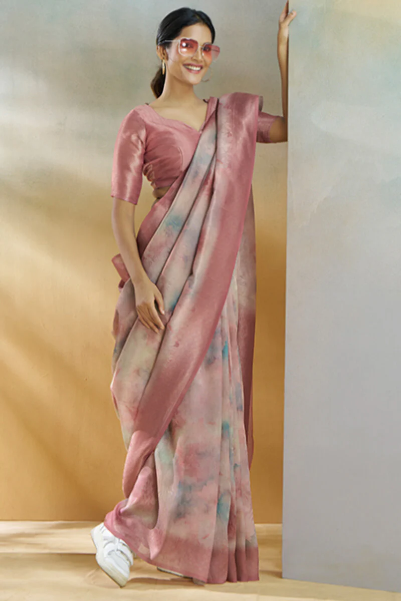 Enticing Pink Digital Printed Soft Silk Saree With Glittering Blouse Piece - Image 3