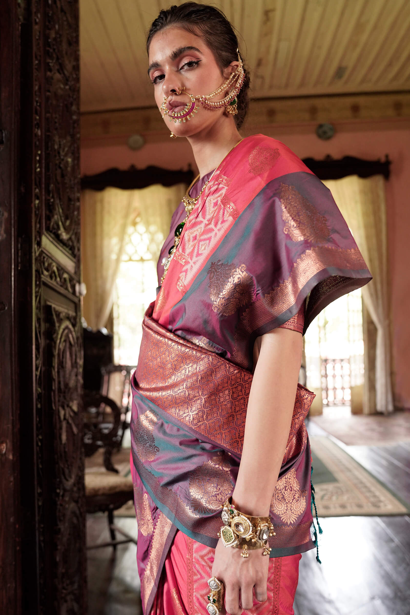 Enticing Pink Soft Banarasi Silk Saree With Nemesis Blouse Piece - Image 2
