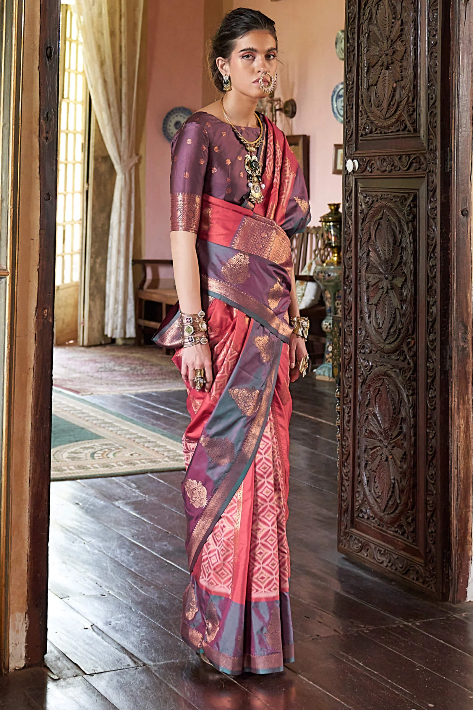 Enticing Pink Soft Banarasi Silk Saree With Nemesis Blouse Piece - Image 4