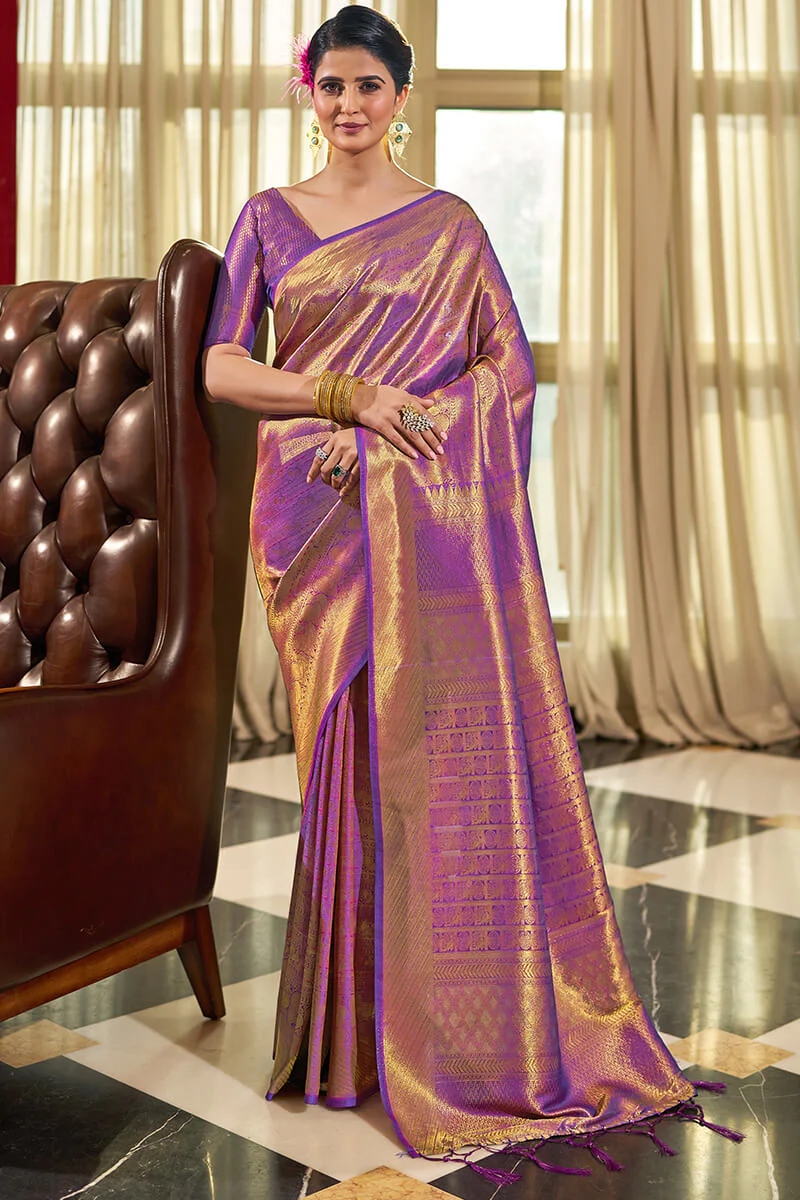Enticing Purple Kanjivaram Silk Saree With Beleaguer Blouse Piece - Image 2