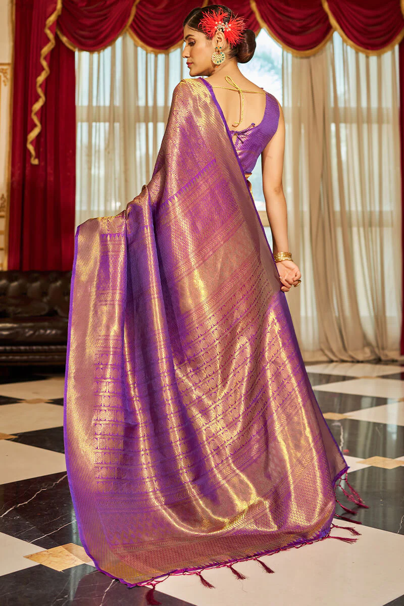 Enticing Purple Kanjivaram Silk Saree With Beleaguer Blouse Piece - Image 6