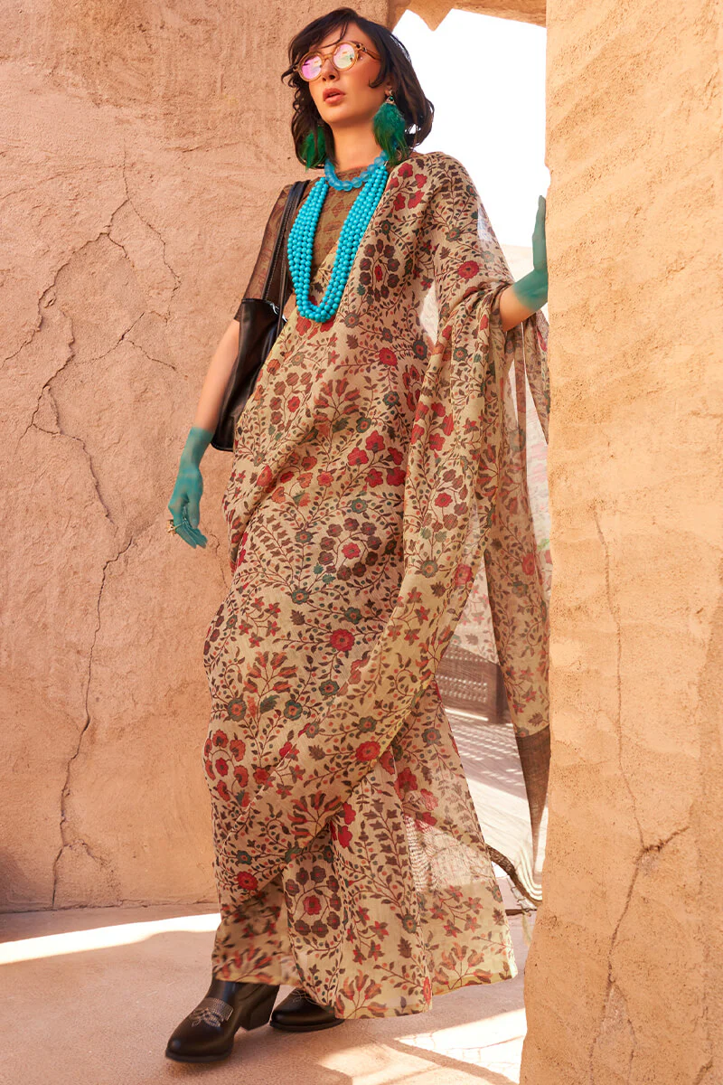 Entrancing Beige  Digital Printed Tissue Silk Saree With Ideal Blouse Piece - Image 2