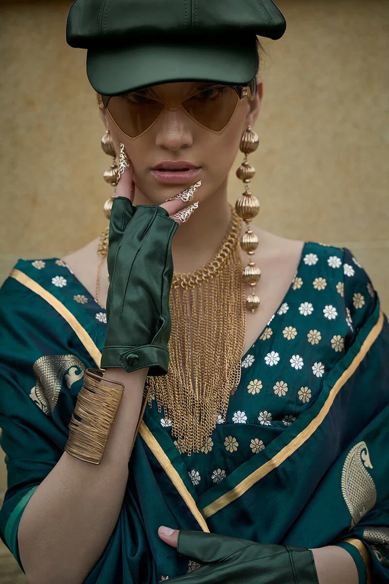 Entrancing Dark Green Banarasi Satin Silk Saree With Effervescent Blouse - Image 2