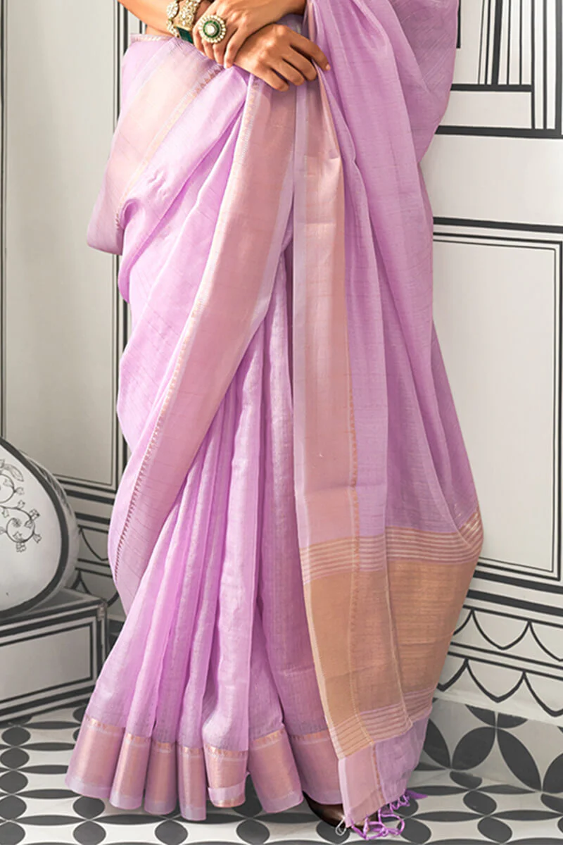 Entrancing Lavender Soft Silk Saree With Brood Blouse Piece - Image 4