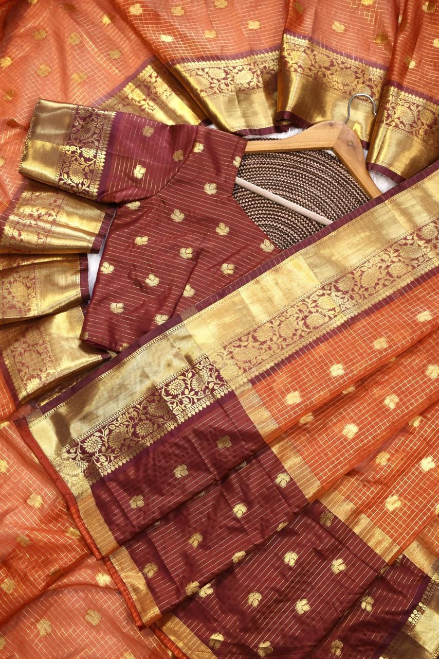 Entrancing Orange Banarasi Tissue Silk Saree With Ephemeral Blouse Piece - Image 2