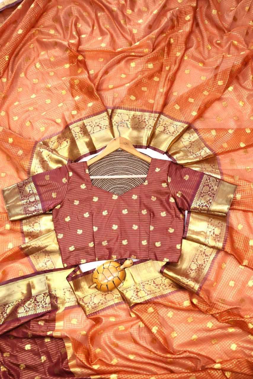 Entrancing Orange Banarasi Tissue Silk Saree With Ephemeral Blouse Piece - Image 4