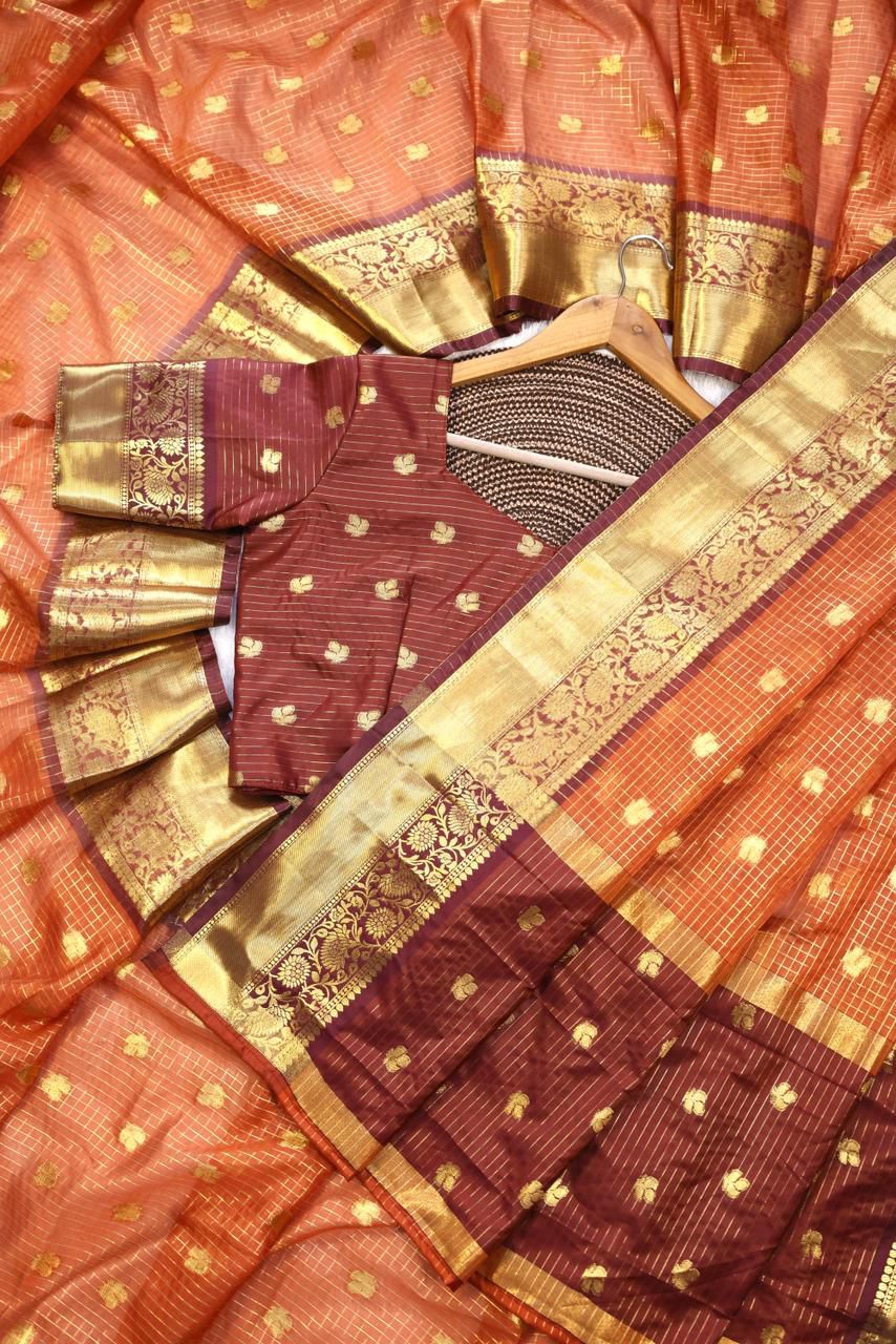 Entrancing Orange Banarasi Tissue Silk Saree With Ephemeral Blouse Piece - Image 5