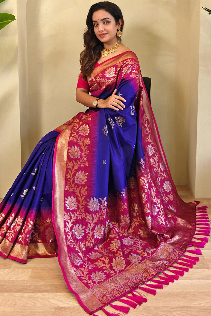 Entrancing Royal Blue Soft Banarasi Silk Saree With Supernal Blouse Piece - Image 2