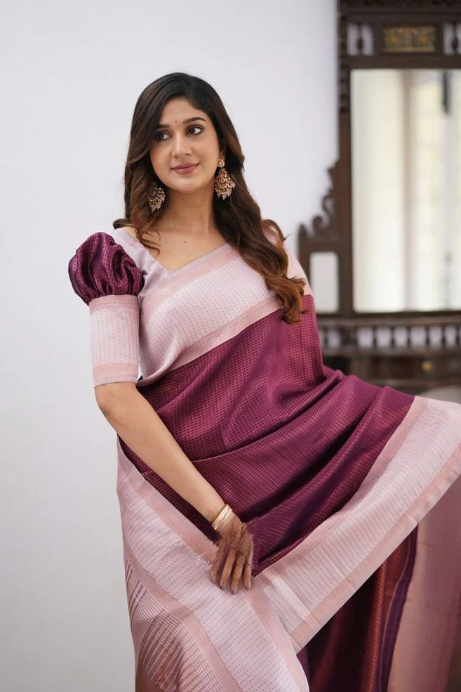 Entrancing Wine Soft Silk Saree With Stunner Blouse Piece - Image 2