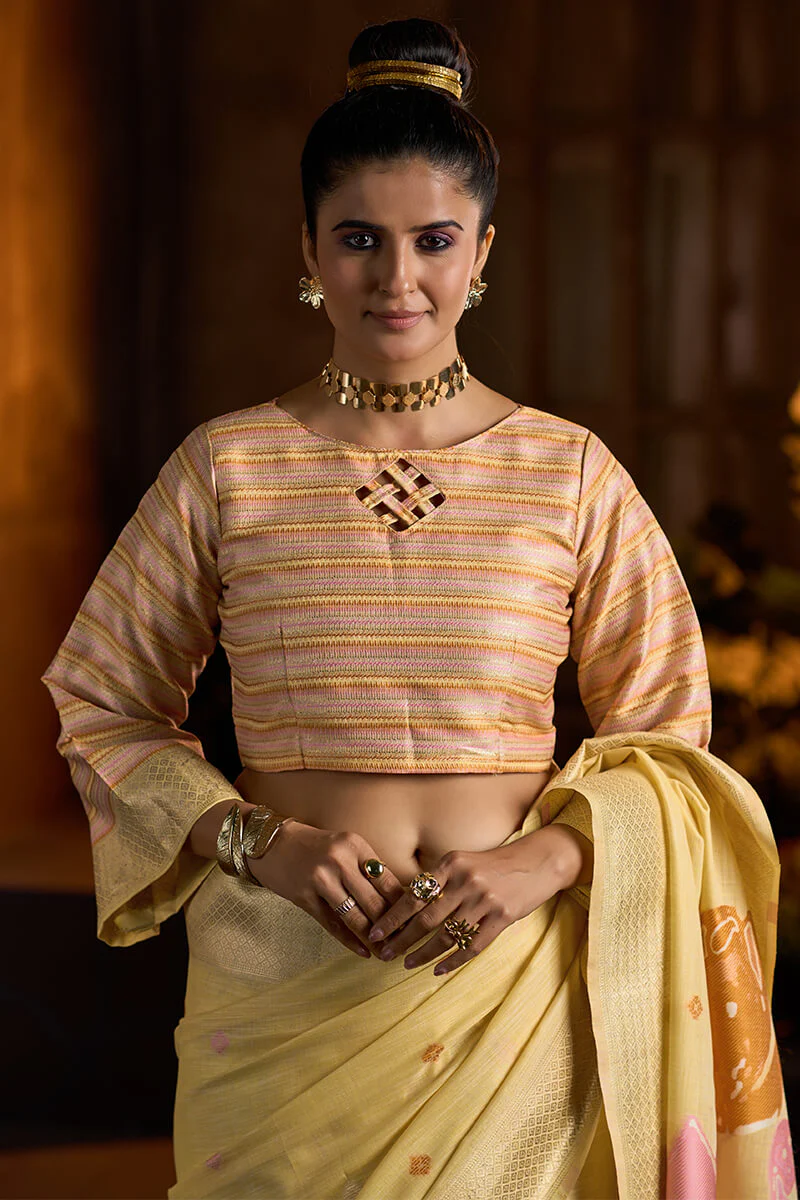 Entrancing Yellow Cotton Silk Saree With Gratifying Blouse Piece - Image 4
