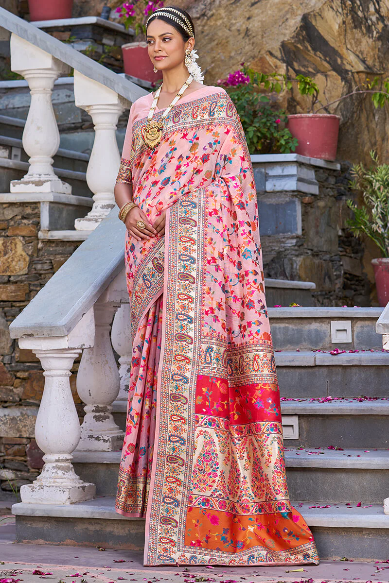 Ephemeral Baby Pink Pashmina saree With Lissome Blouse Piece - Image 3