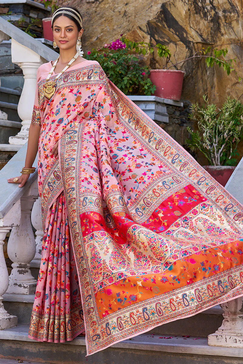 Ephemeral Baby Pink Pashmina saree With Lissome Blouse Piece - Image 4