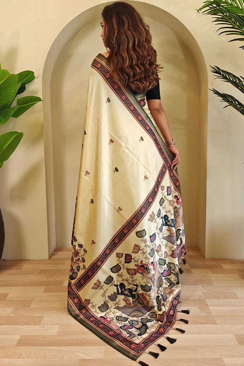 Ephemeral Beige Kalamkari Printed Viscose Dola Silk Saree With Beleaguer Blouse Piece - Image 4