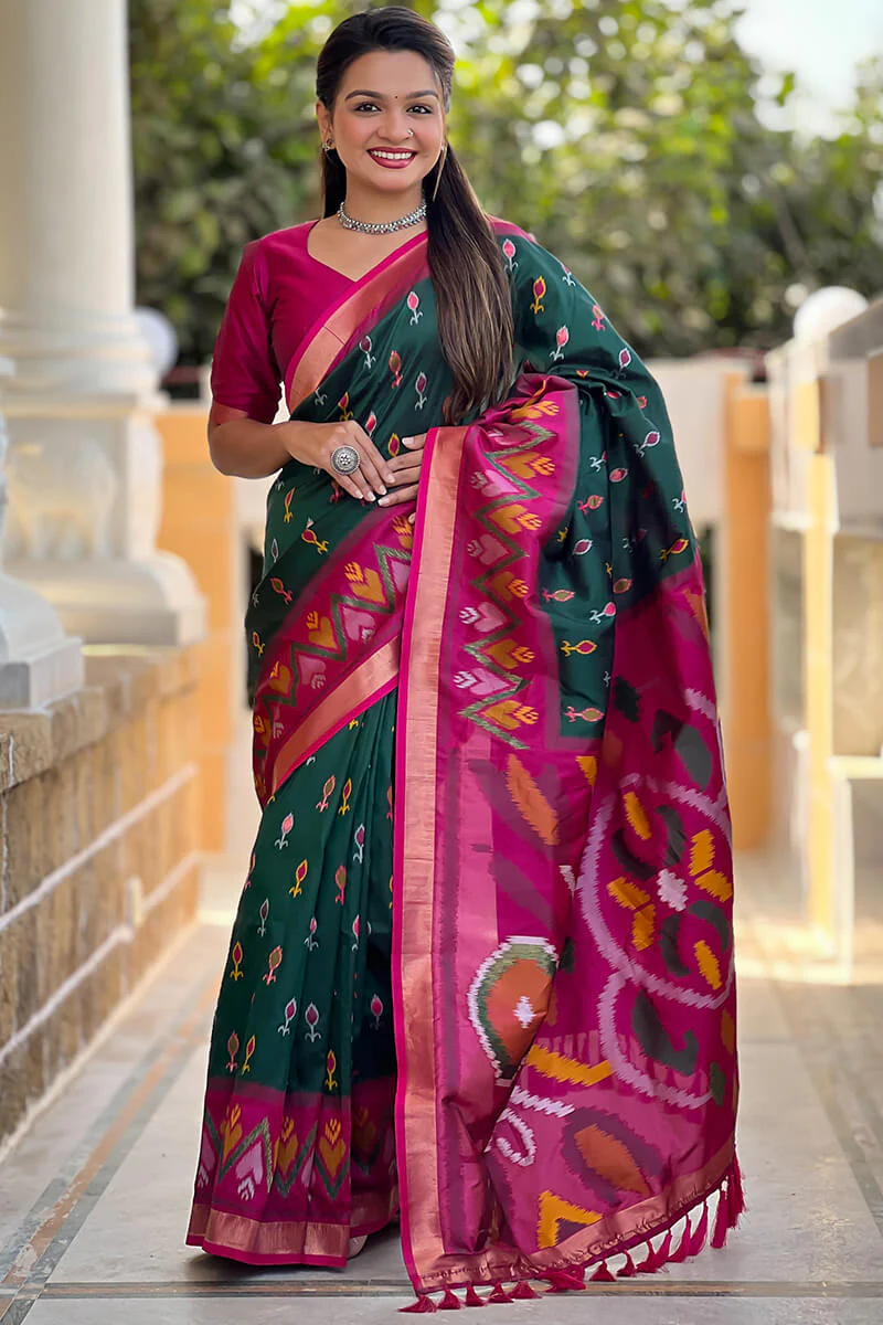 Ephemeral Dark Green Soft Banarasi Silk Saree With Elision Blouse Piece - Image 3