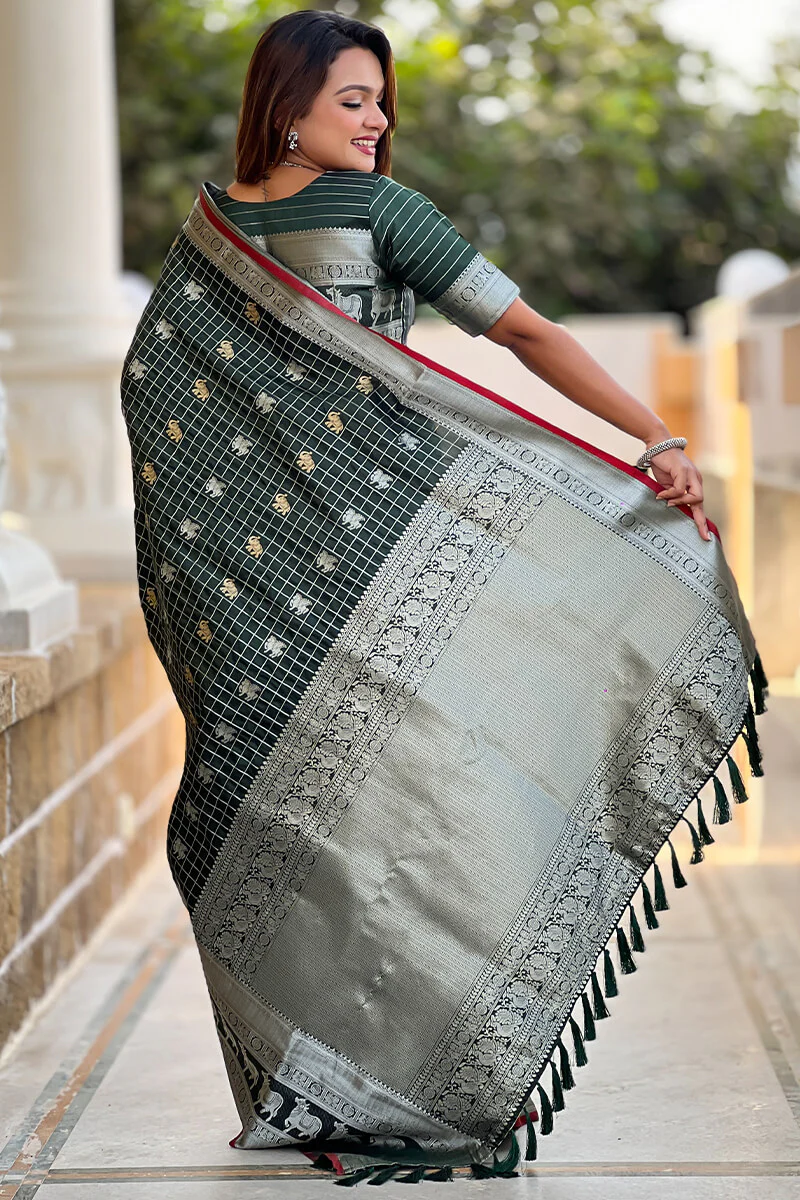 Ephemeral Dark Green Soft Banarasi Silk Saree With Phenomenal Blouse Piece - Image 4