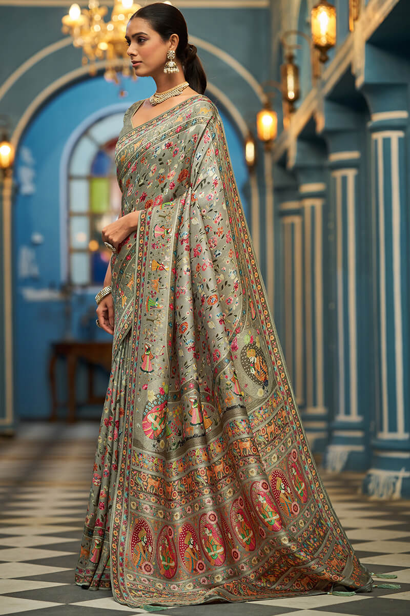 Ephemeral Green Pashmina Saree With Divine Blouse Piece - Image 4