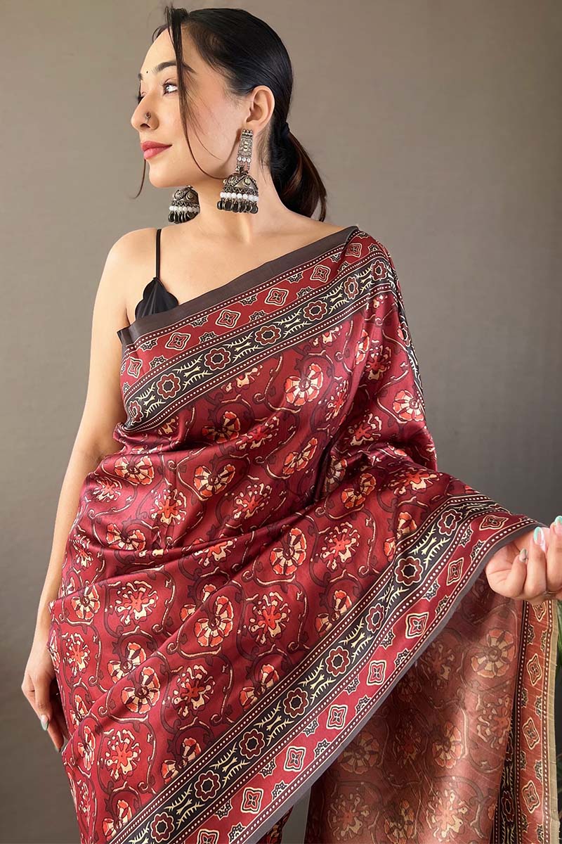 Ephemeral Maroon Digital Printed Soft Silk Saree With Imbrication Blouse Piece - Image 2