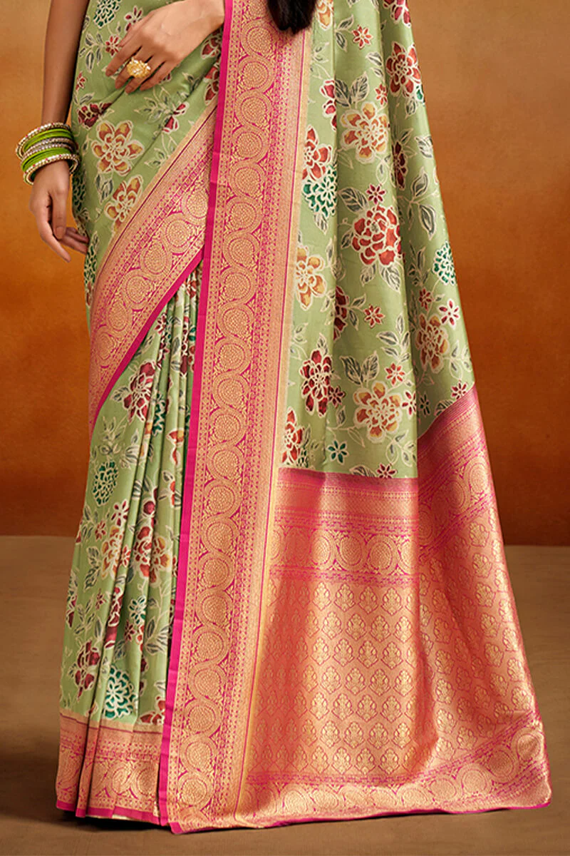 Ephemeral Pista Kalamkari Printed Saree With Winsome Blouse Piece - Image 3