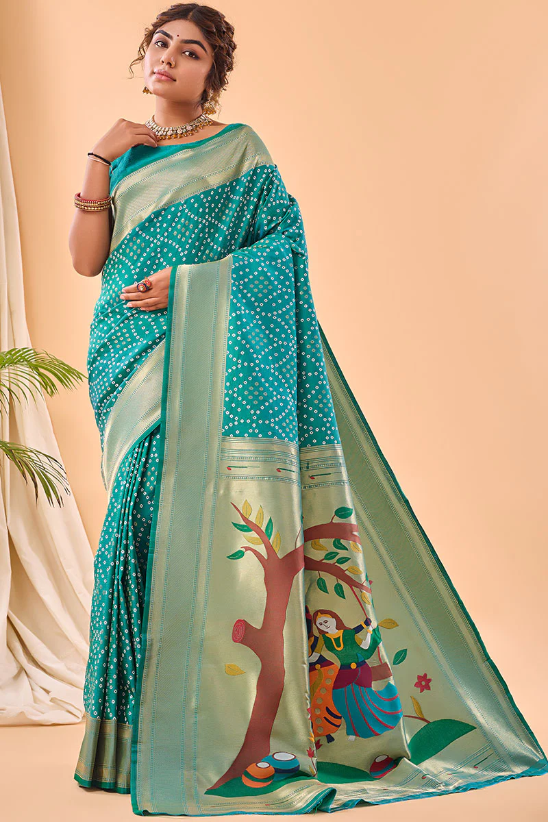 Ephemeral Turquoise Paithani Silk Saree With Demure Blouse Piece - Image 3
