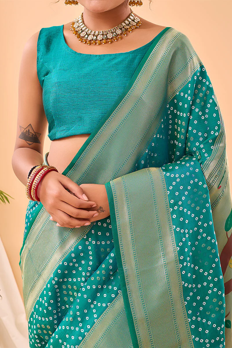 Ephemeral Turquoise Paithani Silk Saree With Demure Blouse Piece - Image 4