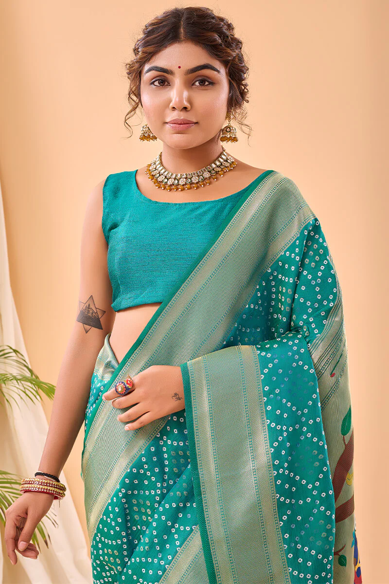Ephemeral Turquoise Paithani Silk Saree With Demure Blouse Piece - Image 5