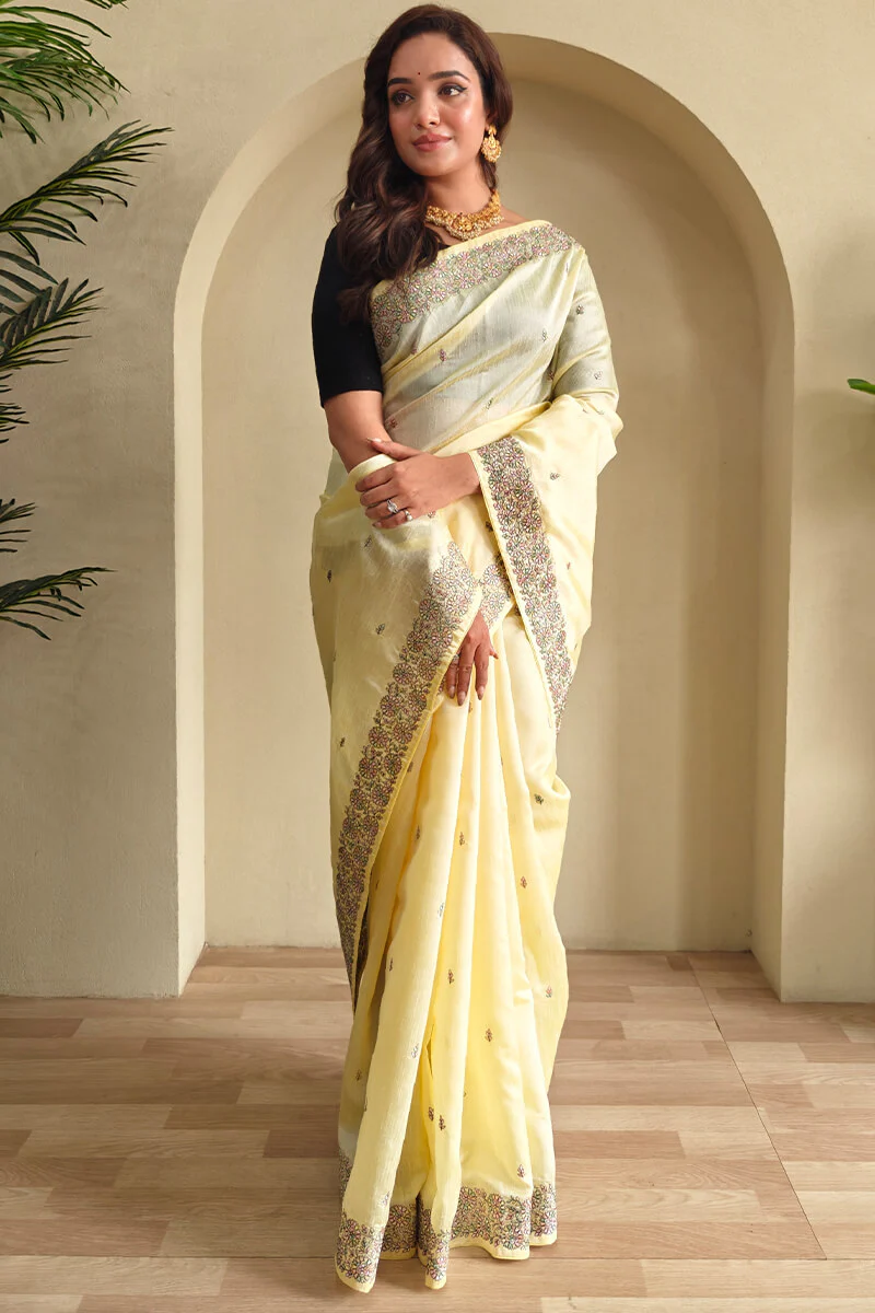 Ephemeral Yellow Embroidery Work Tussar Silk Saree With Beautiful Blouse Piece - Image 3