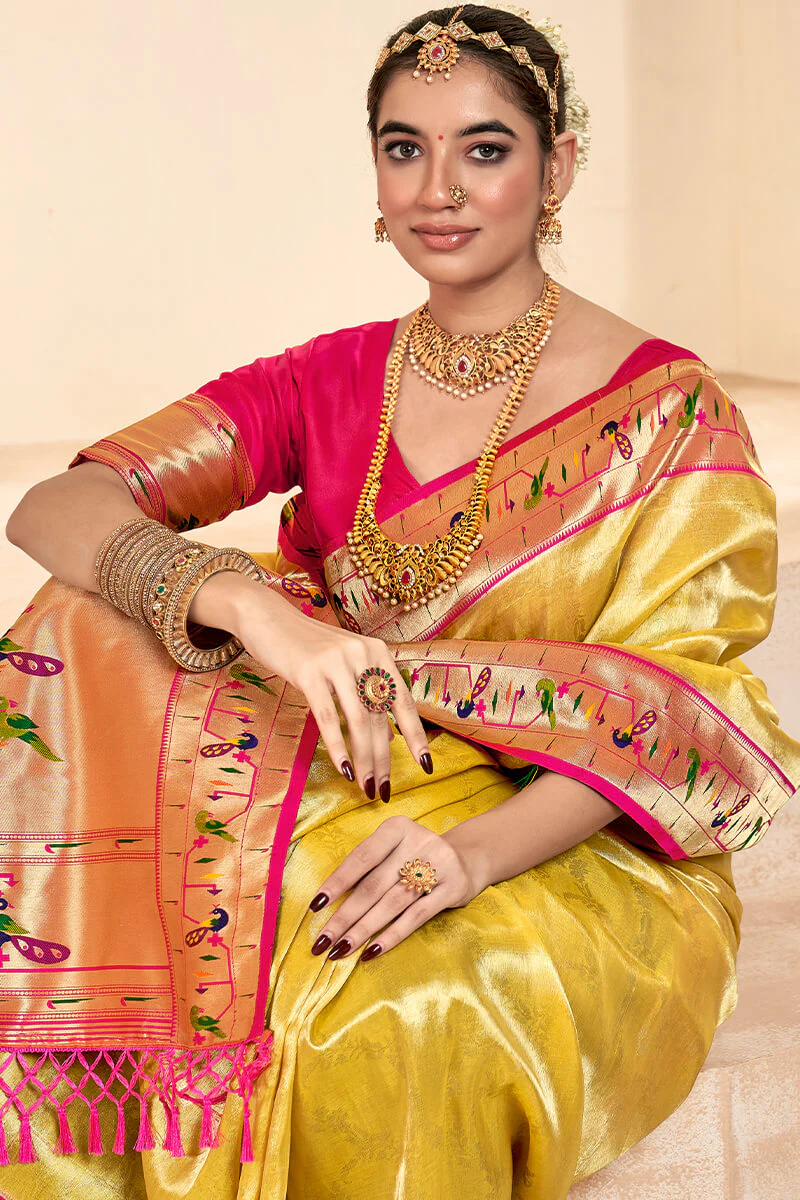Ephemeral Yellow Paithani Silk Saree With Denouement Blouse Piece - Image 2
