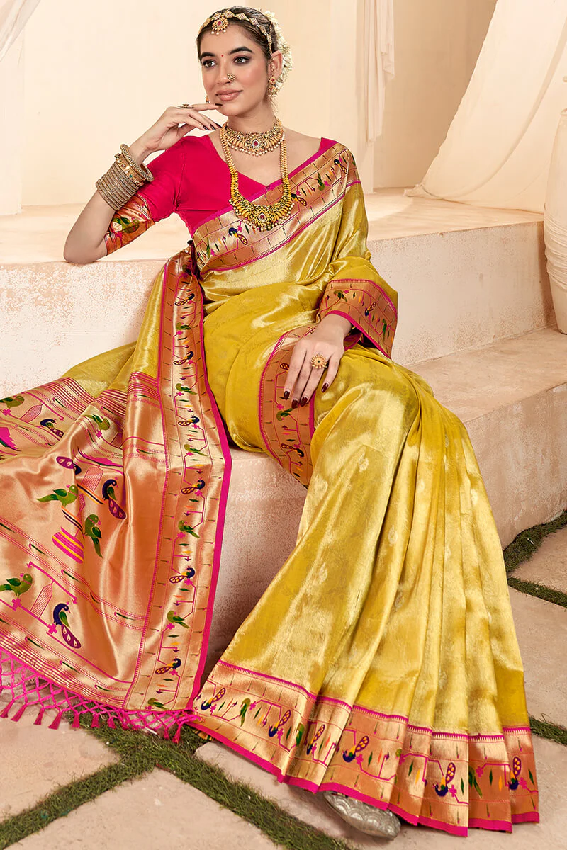 Ephemeral Yellow Paithani Silk Saree With Denouement Blouse Piece - Image 3