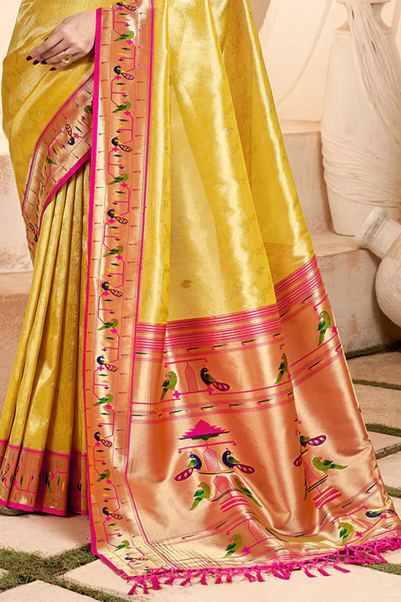 Ephemeral Yellow Paithani Silk Saree With Denouement Blouse Piece - Image 4