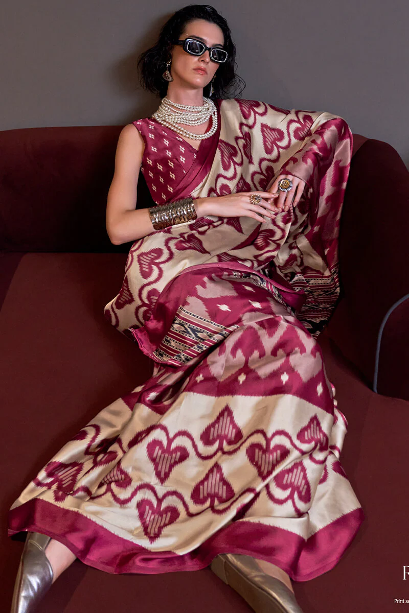 Epiphany Beige and Wine Digital Printed Satin Silk Saree With Effervescent Blouse Piece - Image 2