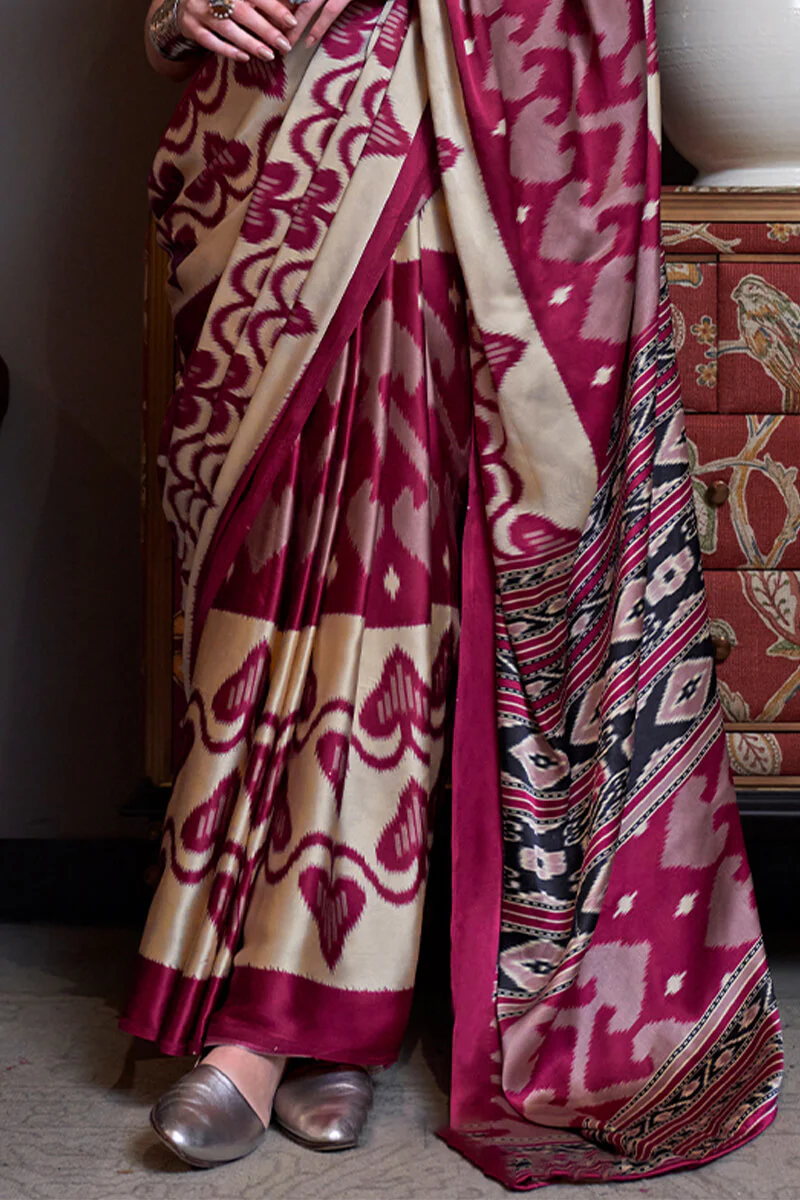 Epiphany Beige and Wine Digital Printed Satin Silk Saree With Effervescent Blouse Piece - Image 3