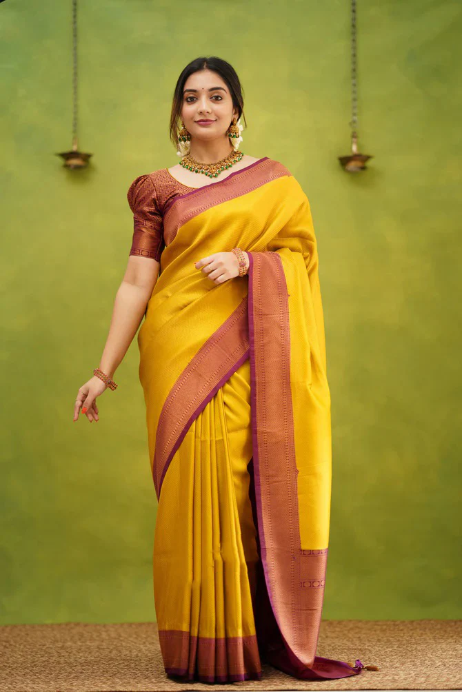 Epiphany Golden Soft Silk Saree with Improbable Blouse Piece - Image 2