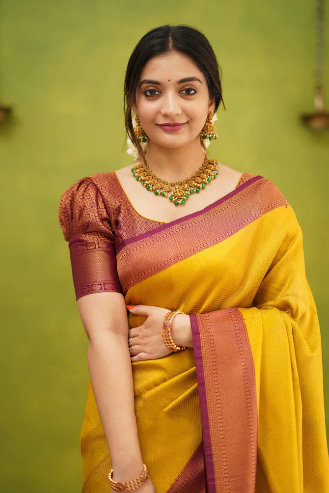 Epiphany Golden Soft Silk Saree with Improbable Blouse Piece - Image 3