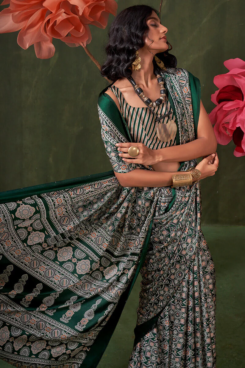 Epiphany Dark Green Ajrakh Printed Satin Silk Saree With Glittering Blouse Piece - Image 2