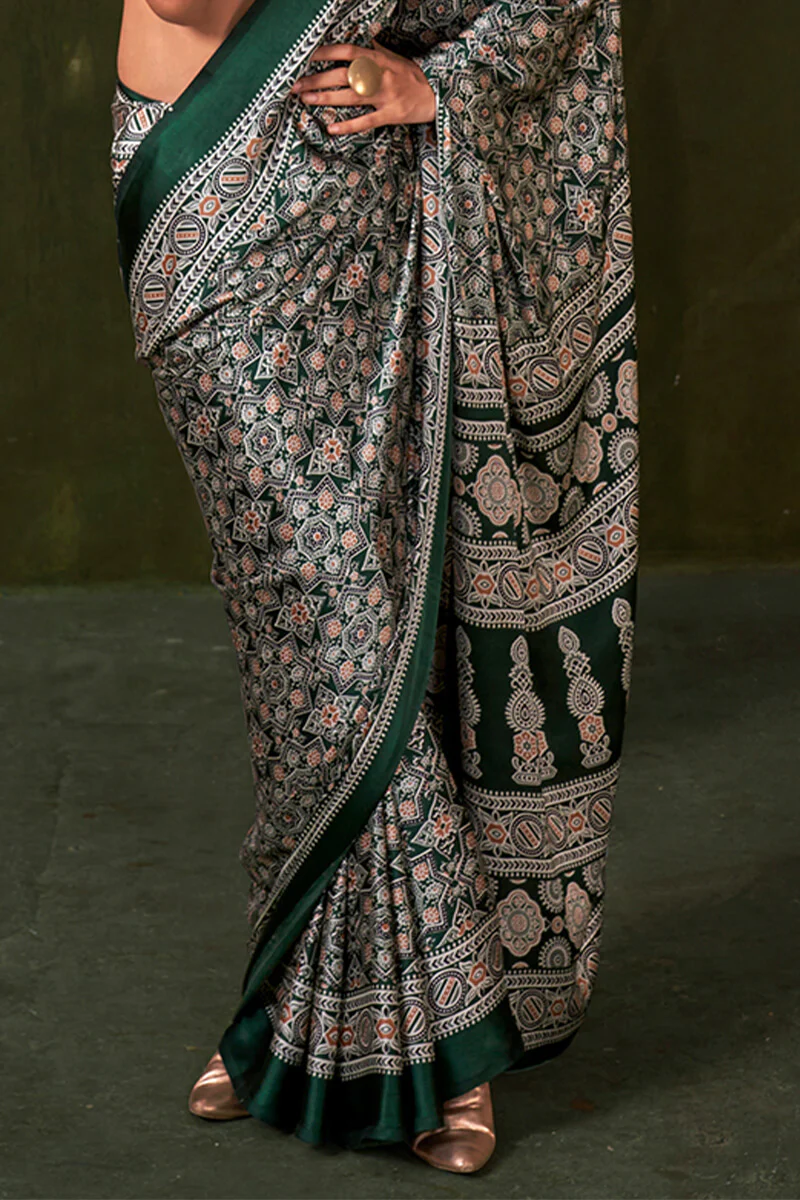 Epiphany Dark Green Ajrakh Printed Satin Silk Saree With Glittering Blouse Piece - Image 3