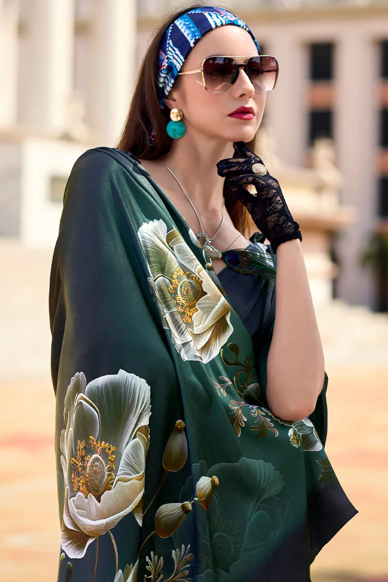 Epiphany Dark Green Digital Printed Satin Silk Saree With Palimpsest Blouse Piece - Image 2