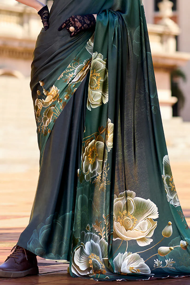 Epiphany Dark Green Digital Printed Satin Silk Saree With Palimpsest Blouse Piece - Image 3