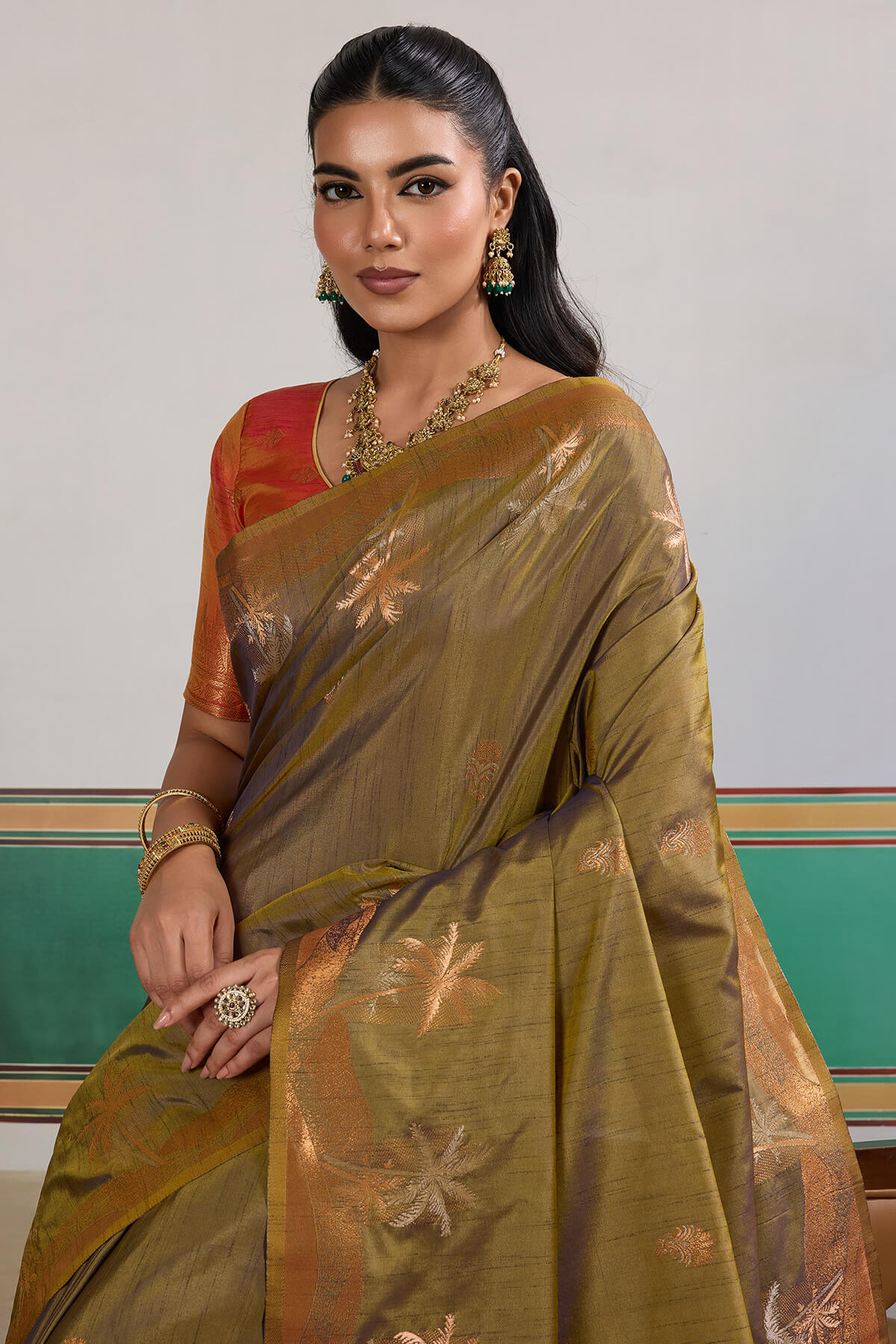 Epiphany Mustard Banarasi Tussar Silk Saree With Gleaming Blouse Piece - Image 2