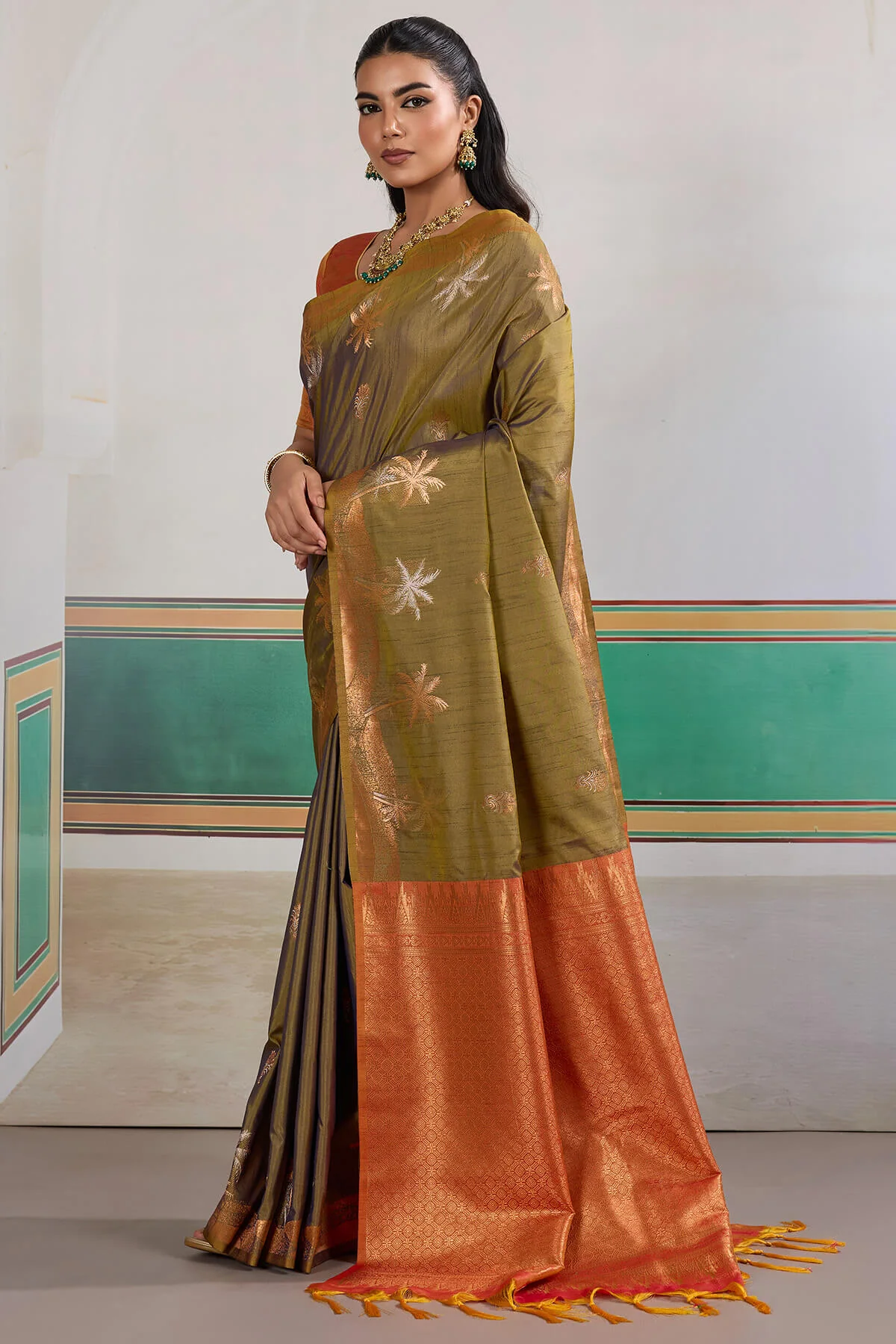 Epiphany Mustard Banarasi Tussar Silk Saree With Gleaming Blouse Piece - Image 3