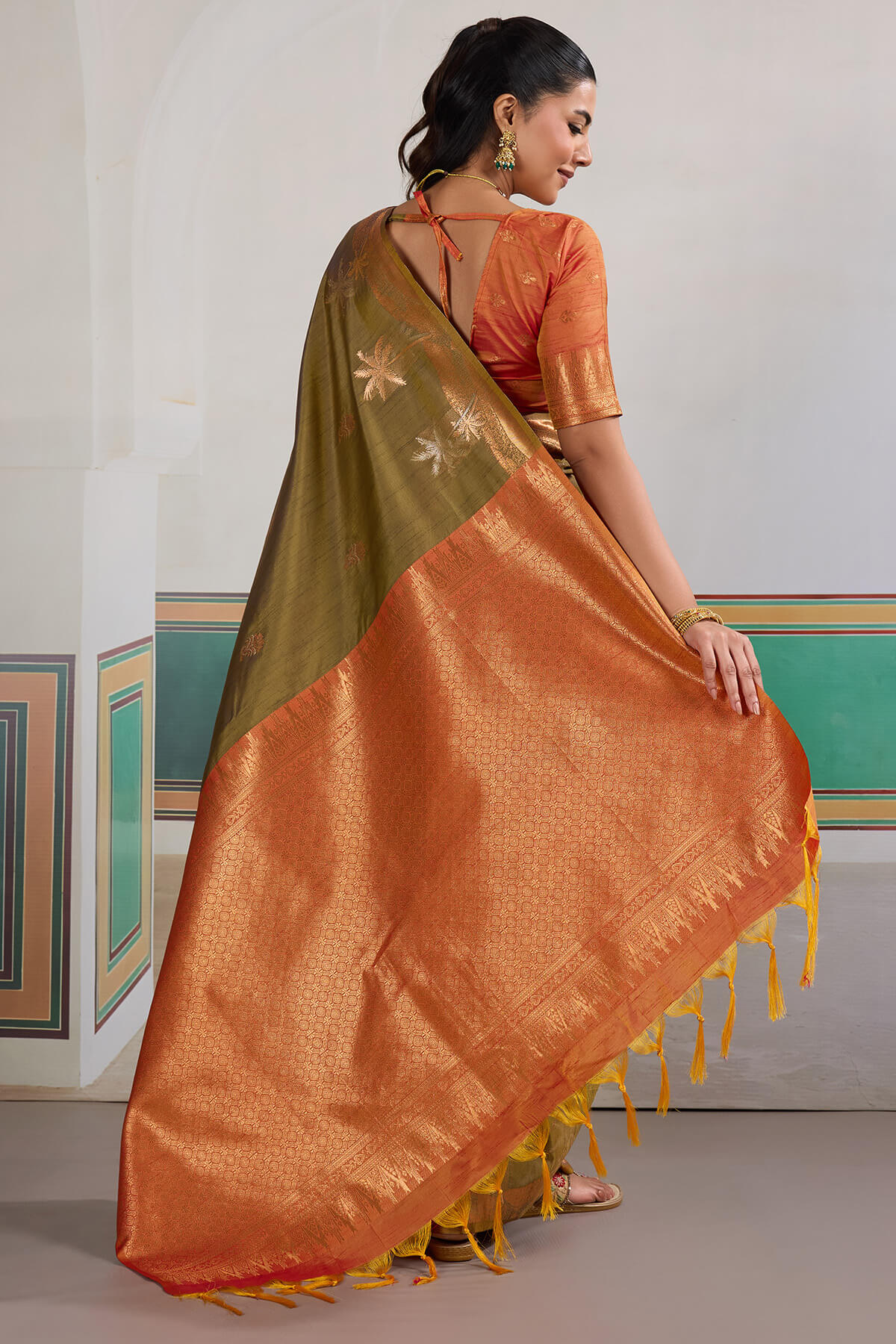 Epiphany Mustard Banarasi Tussar Silk Saree With Gleaming Blouse Piece - Image 4