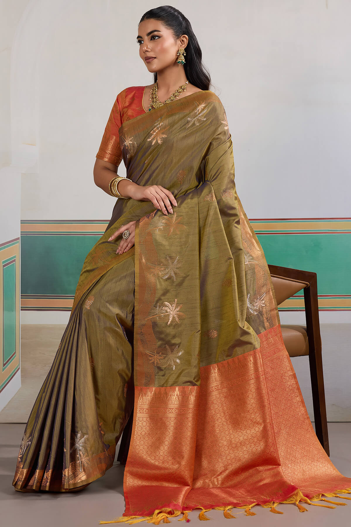 Epiphany Mustard Banarasi Tussar Silk Saree With Gleaming Blouse Piece - Image 5