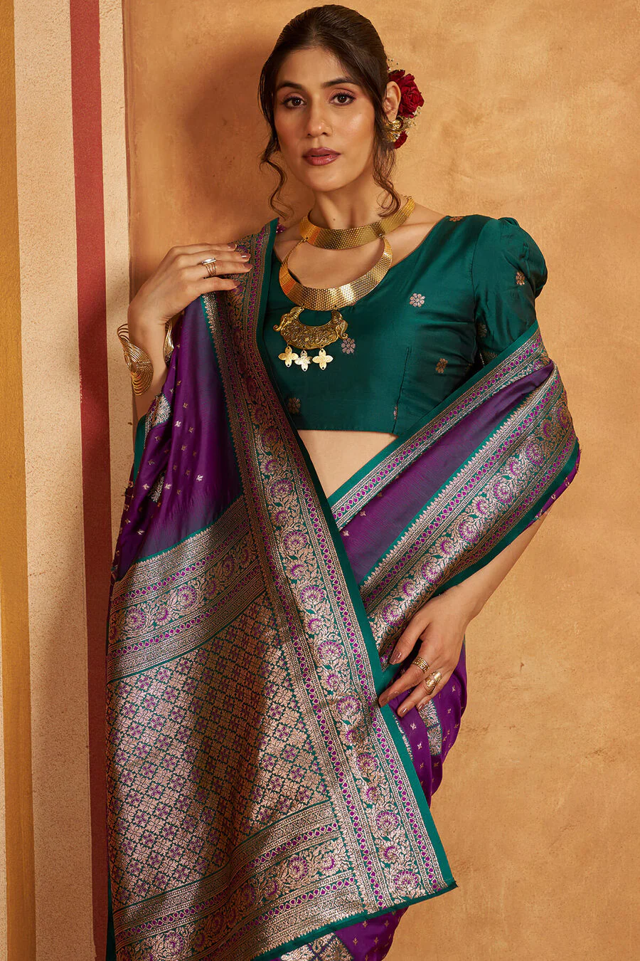 Epiphany Purple Pure Zari Weaving Banarasi Silk Saree With Classic Blouse Piece - Image 3