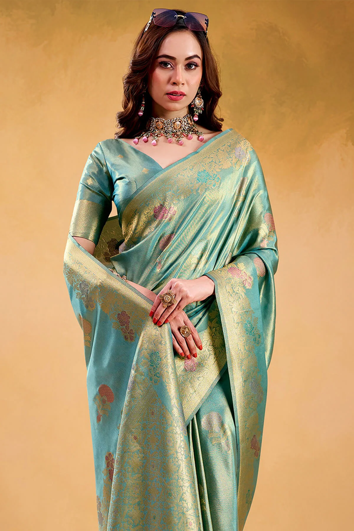 Epiphany Turquoise Banarasi Tissue Silk Saree With Pleasurable Blouse Piece - Image 2