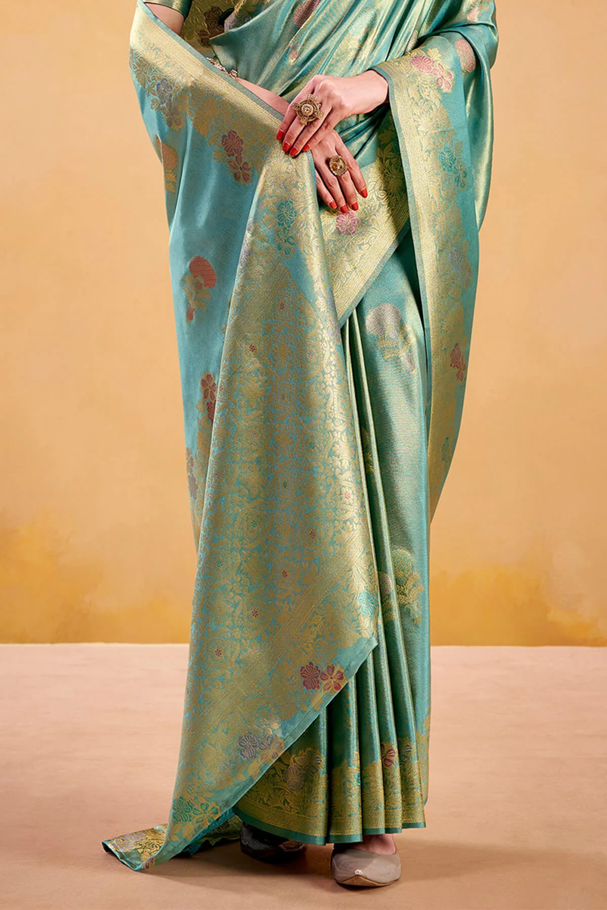 Epiphany Turquoise Banarasi Tissue Silk Saree With Pleasurable Blouse Piece - Image 3