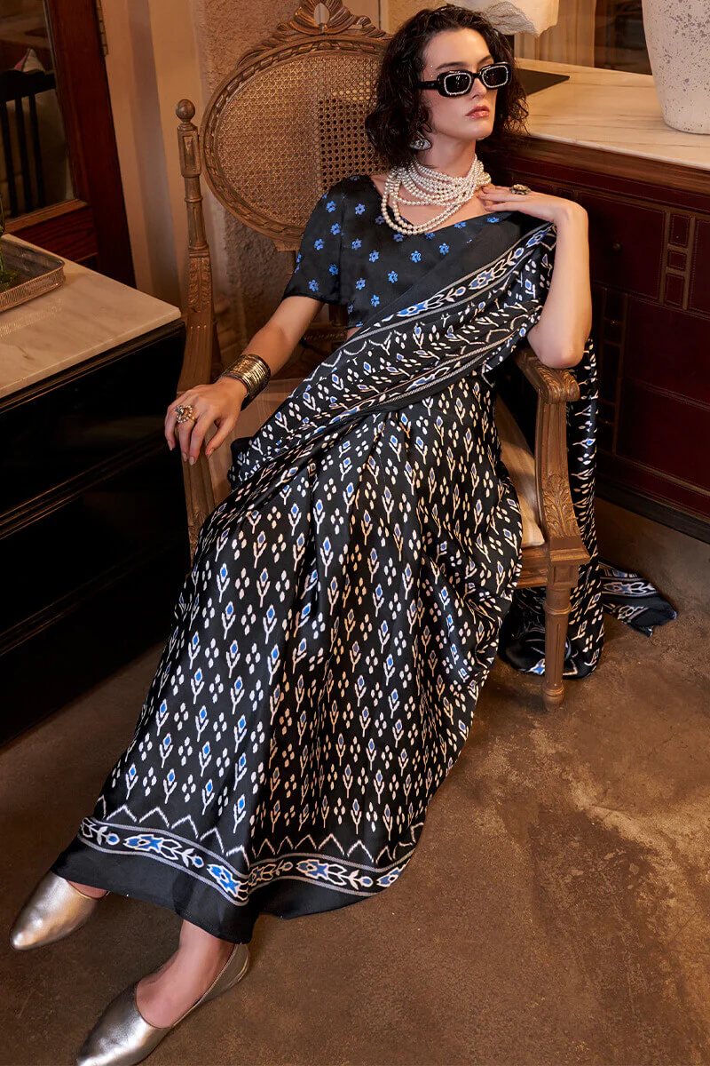 Ethereal Black Digital Printed Satin Silk Saree With Tantalizing Blouse Piece - Image 2