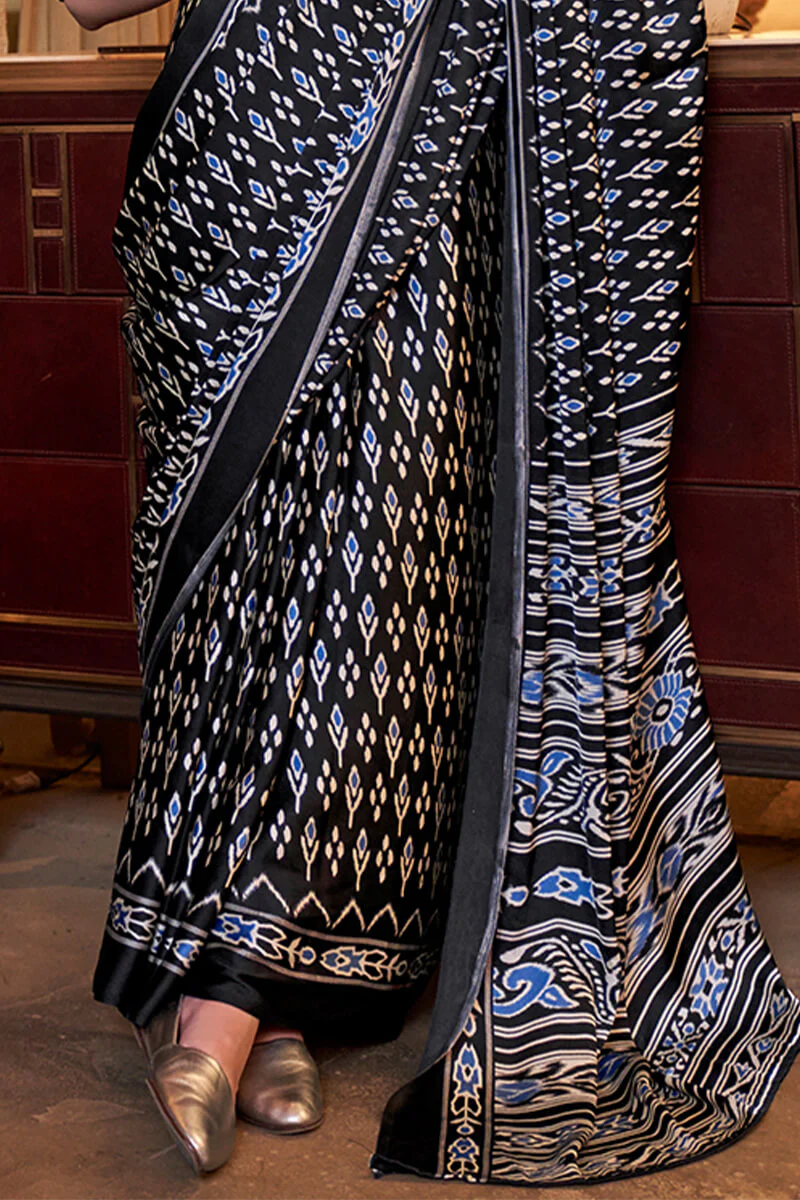 Ethereal Black Digital Printed Satin Silk Saree With Tantalizing Blouse Piece - Image 3
