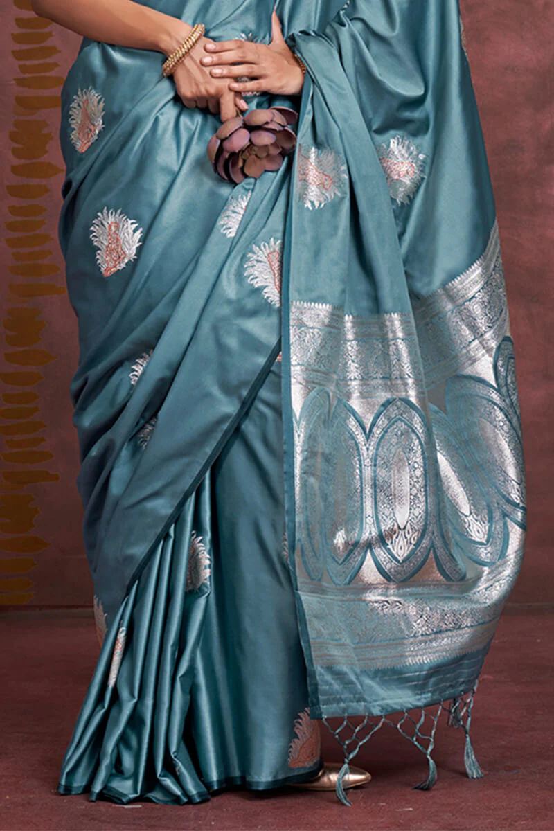 Ethereal Blue Banarasi Satin Silk Saree With Tempting Blouse - Image 4